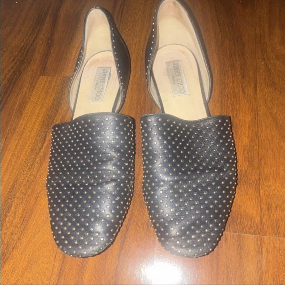 Jimmy Choo Black Leather Studded Slip-On Flats